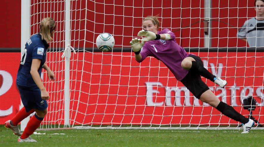 Karen Bardsley saves Camille Abily's penalty in the World Cup quarter final shoot-out against France.